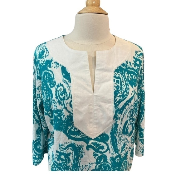 Ralph Lauren, Turquoise and White 100% Cotton Tunic Blouse Size 1X - Picture 6 of 8